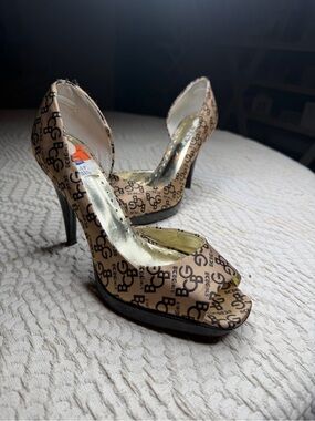BCBG Beige Logo Peep-Toe Stiletto Heels